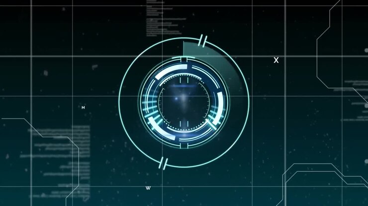 Animazione di una scansione con oscilloscopio e orologio su elaborazione dati su sfondo nero