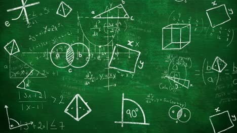 Digital-animation-of-multiple-geometrical-shapes-against-mathematical-equations-on-green-background