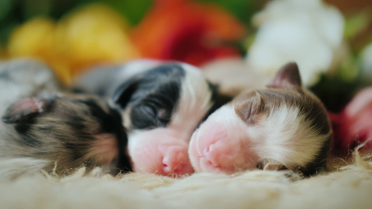 unos cachorros pequeños cerca de un ramo de flores