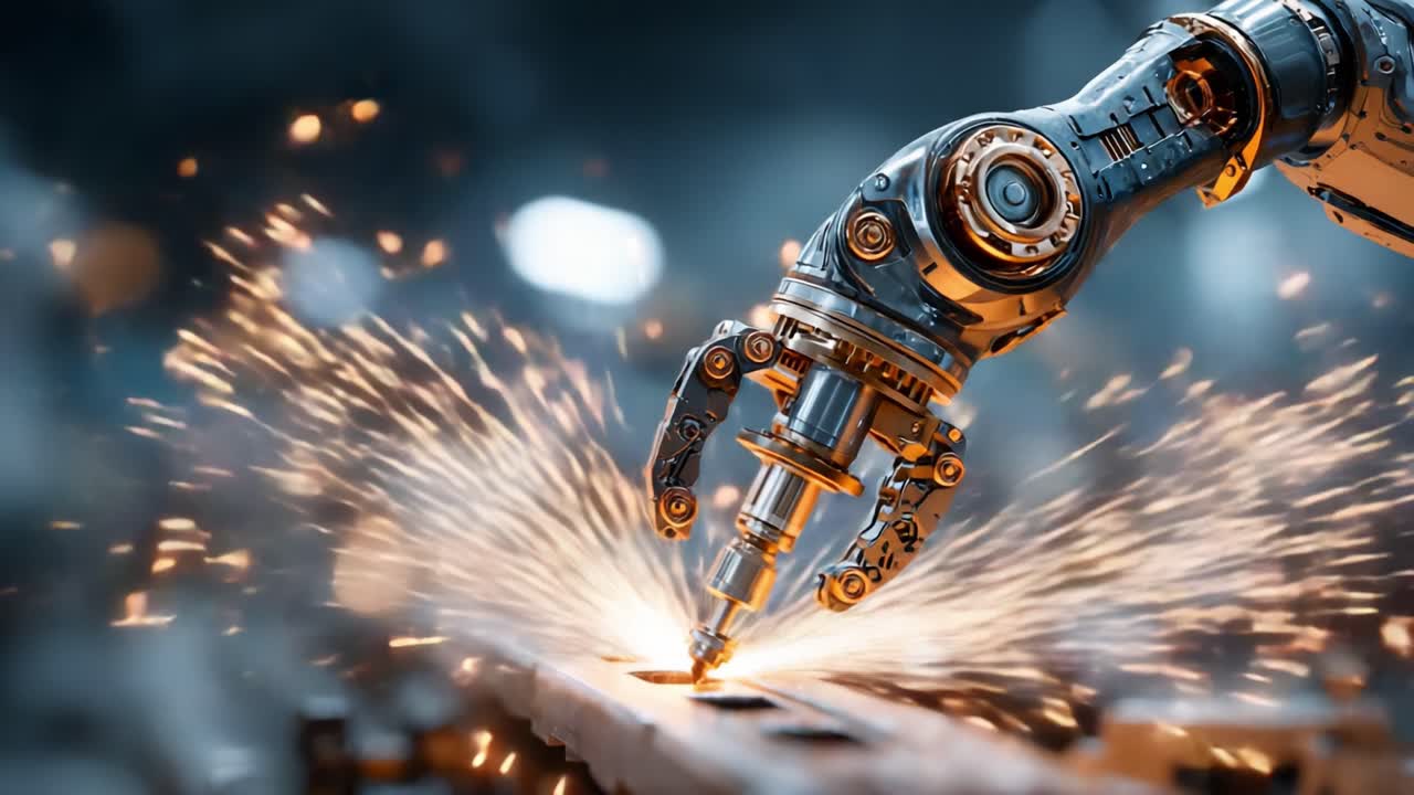 Advanced Robotic Arm Performing Precision Welding with Sparking Effects in a Modern Industrial Setting, Showcasing Cutting-Edge Technology and Innovation