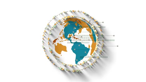 globo con análisis global de datos y estadísticas, flujo de información, partículas giratorias como vídeo plano animación de infografías de movimiento