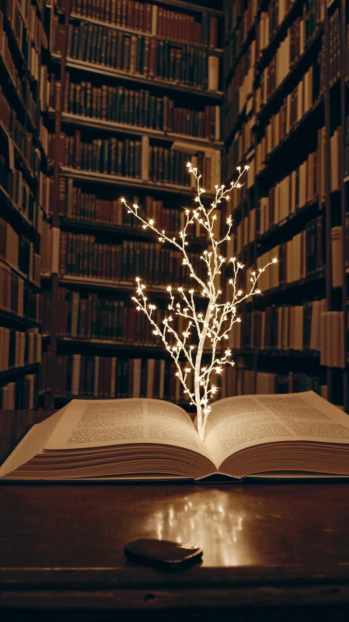 A magical scene with a glowing tree sprouting from an open book in a library