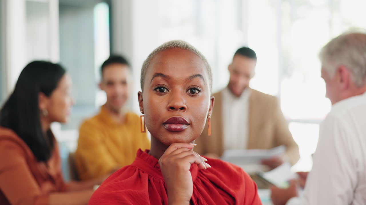 Face, leadership and black woman in meeting