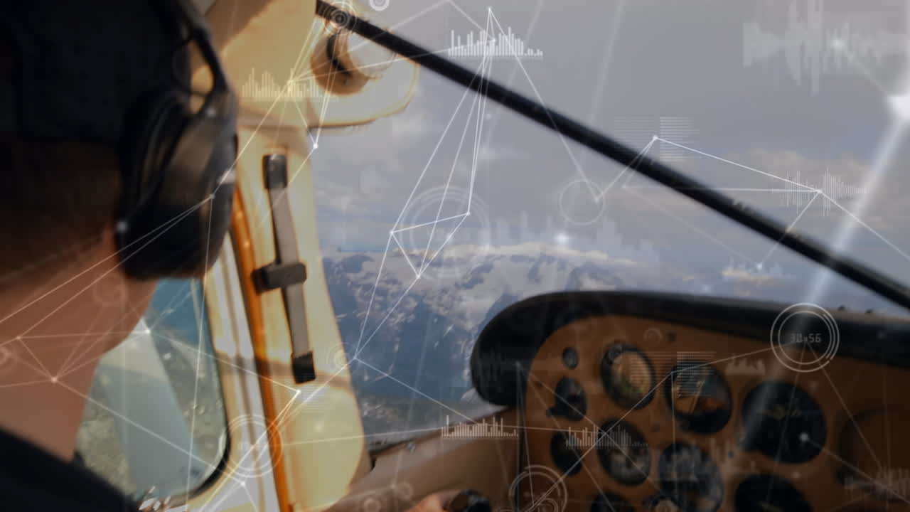 red de conexiones y procesamiento de datos contra el piloto caucásico que vuela una aeronave privada