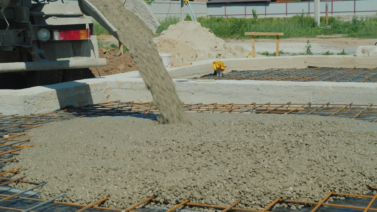 hacer el piso en una casa de campo privada desde la máquina mezcladora vierte hormigón sobre la base preparada ingenio