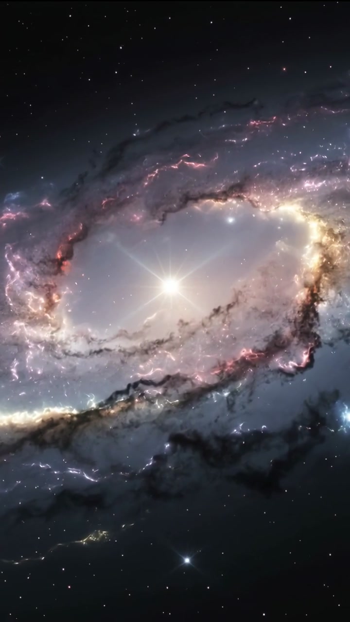 Vertical video: Spiral galaxy rotating with camera pan in space revealing nucleus ring dust-lanes