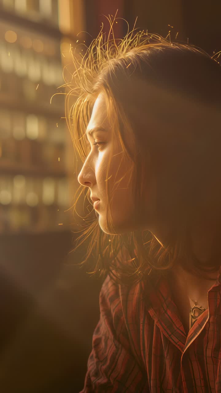 Vertical video: Catching sunlight, woman in red striped shirt turning to camera at window, pendant