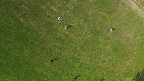 aerial view group of people playing frisbee with eatch other outdoor acitivty