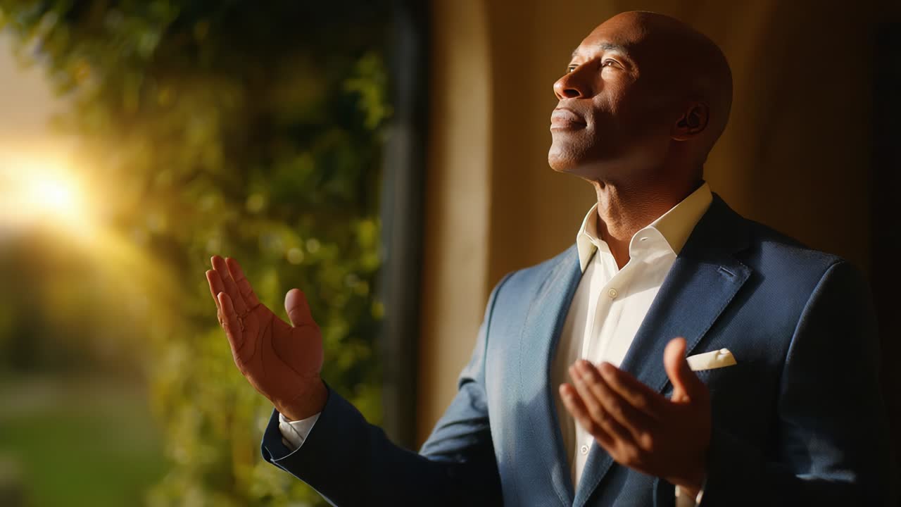 A man experiences a moment of reflection and gratitude, raising his hands in a peaceful and serene setting as sunlight bathes him in warmth; a powerful depiction of hope, spirituality, and inner peace