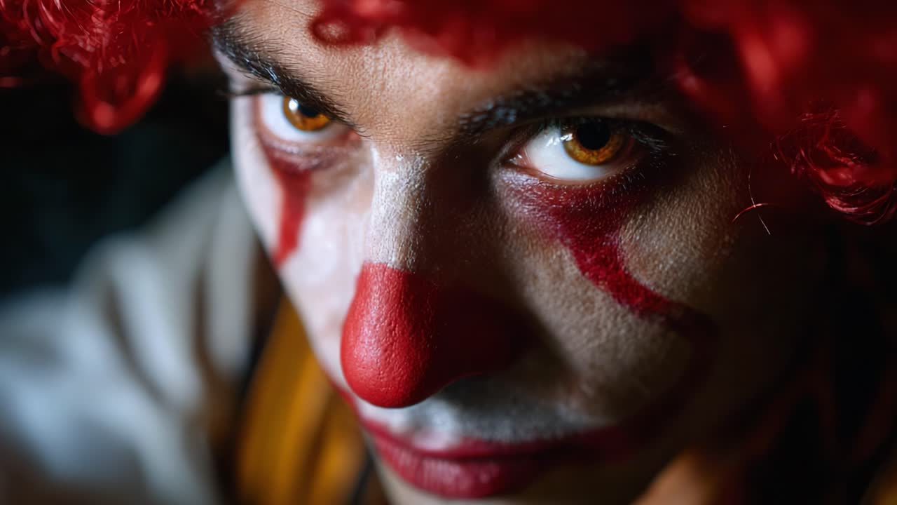 Fængslende nærbillede af en klovn med markant makeup og rød paryk, der fanger et intenst udtryk og følelse i en dramatisk portrætstil