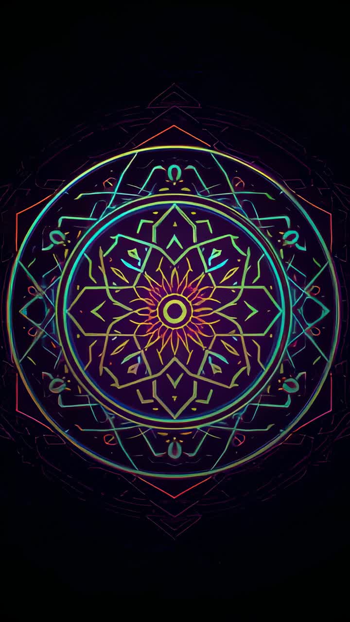 Vertical video: Rotating neon rosette on loop, pulsing concentric rings on black screen