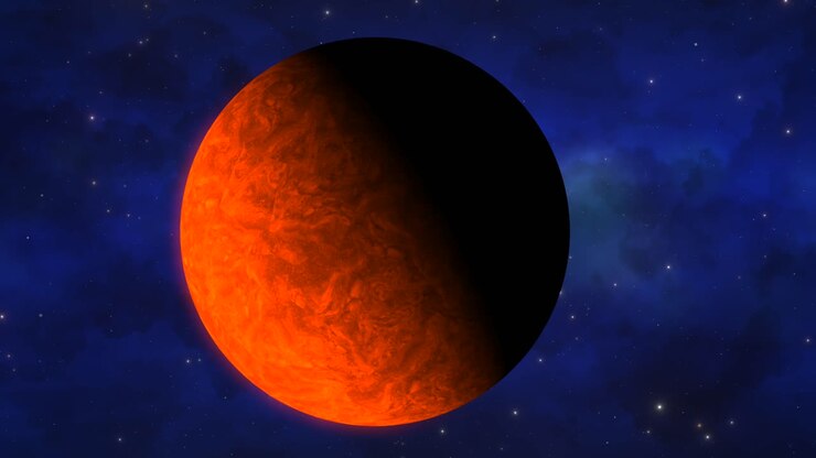 CGI close up of cloudy orange alien planet moving in front of camera with a deep blue nebula cloud in the background, deep space, wide view