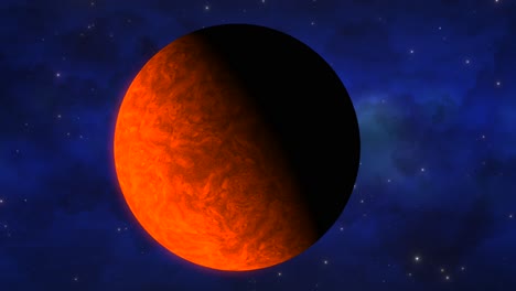 cgi primer plano del planeta alienígena naranja nublado moviéndose frente a la cámara con una nube de nebulosa azul profundo en el fondo, espacio profundo, vista amplia