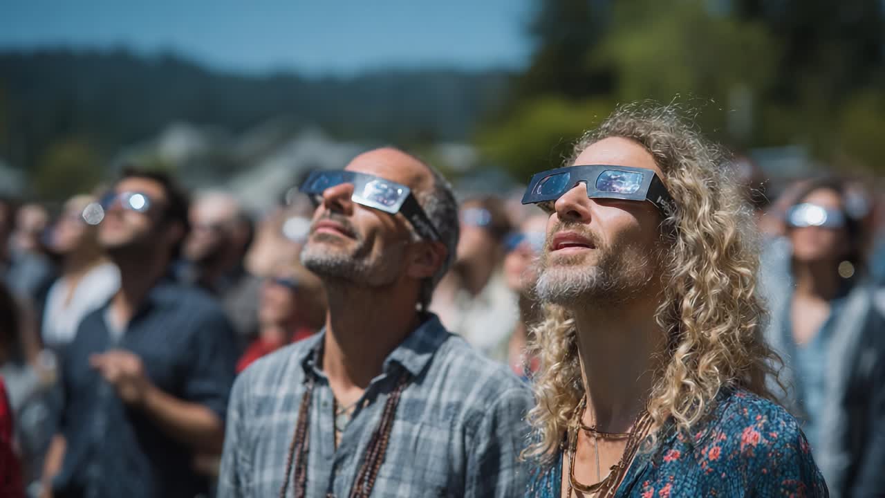 People Gather Outdoors to Witness a Celestial Event, Wearing Protective Glasses to Safely View the Bright Sky Phenomenon with Excitement and Anticipation