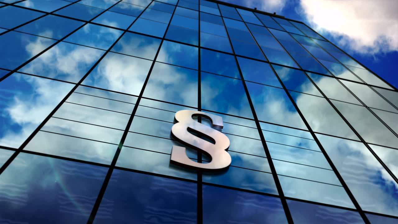 grattacielo di vetro della corte di giustizia con animazione a cerchio speculare