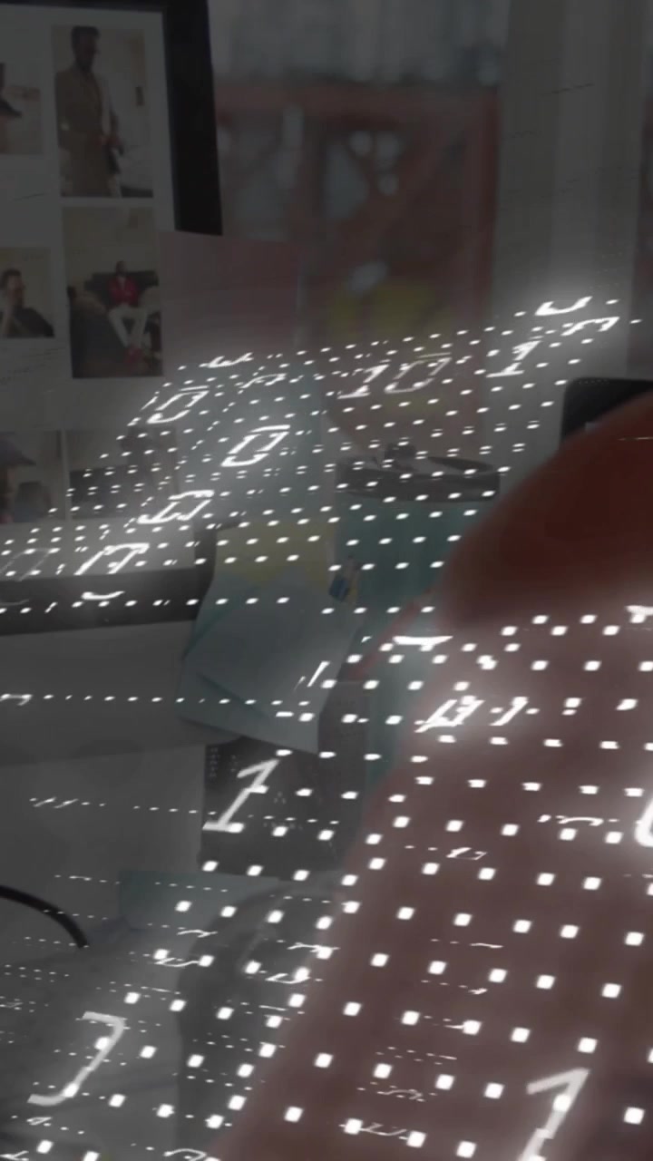 Video verticale: Una griglia binaria scorre sullo schermo, una donna muove la mano attraverso di essa rivelando dati tecnologici.