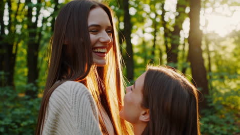 two smiling women in a forest