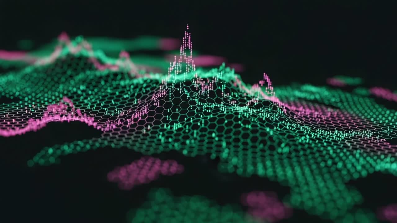 Dynamic Visualization of Abstract Terrain with Hexagonal Patterns in Vibrant Green and Pink Colors Reflecting Complex Data Structures
