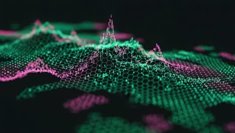 dynamic visualization of abstract terrain with hexagonal patterns in vibrant green and pink colors reflecting complex data structures