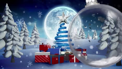Animation-of-christmas-bauble-dangling-over-christmas-tree-and-full-moon-in-winter-scenery