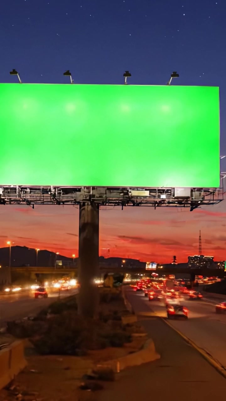 Valla publicitaria verde brillante ilumina una autopista concurrida durante el atardecer y el anochecer, capturando el movimiento del tráfico y las vibraciones urbanas en un paisaje escénico