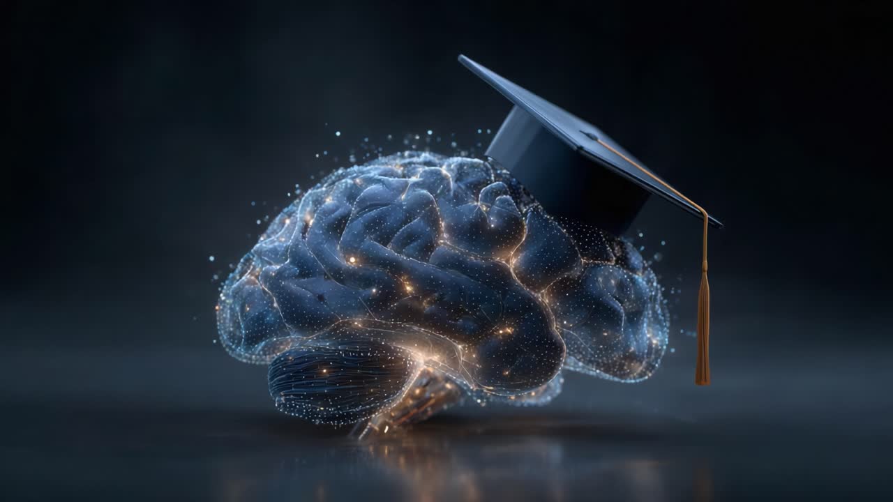 A Conceptual Exploration of Education and Intelligence through a Digitally Enhanced Brain Wearing a Graduation Cap, Symbolizing Knowledge and Achievement