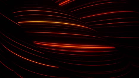 abstract red neon striped tubes moving slowly on black background. animation. 3d figures covered by red narrow flashing lines, seamless loop