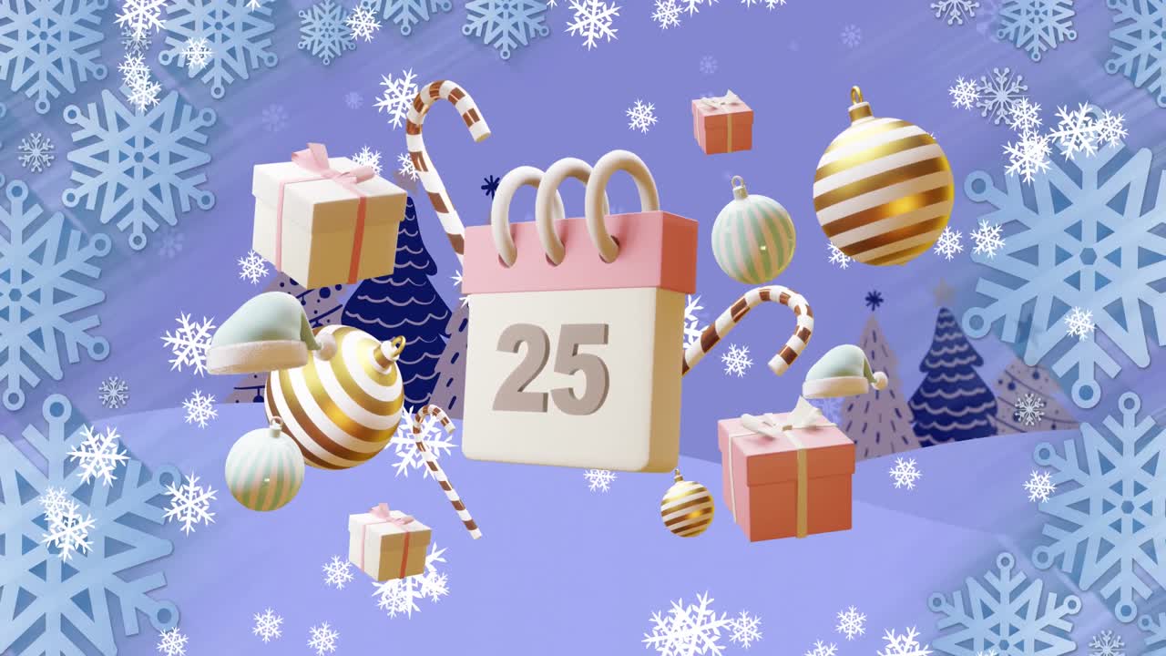 12月25日の日付とクリスマスデコレーションが描かれたカレンダーのアニメーション