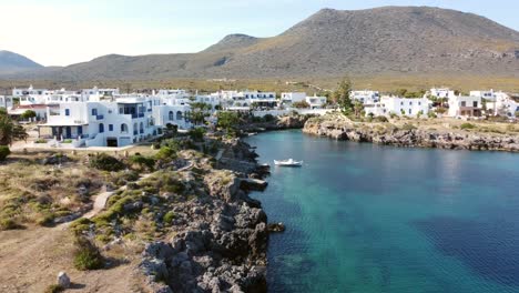 aerial panoramic revealing seaside village avlemonas bay, kythira, greece