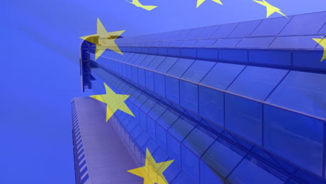 animation of flag of european union over high rise buildings in modern city