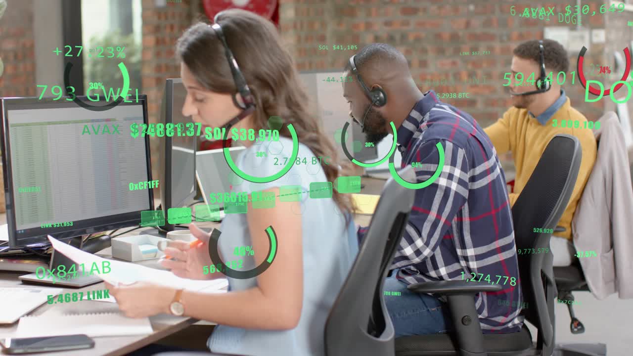 Financial HUD appearing over call center animating gauges for data while woman holding docs typing