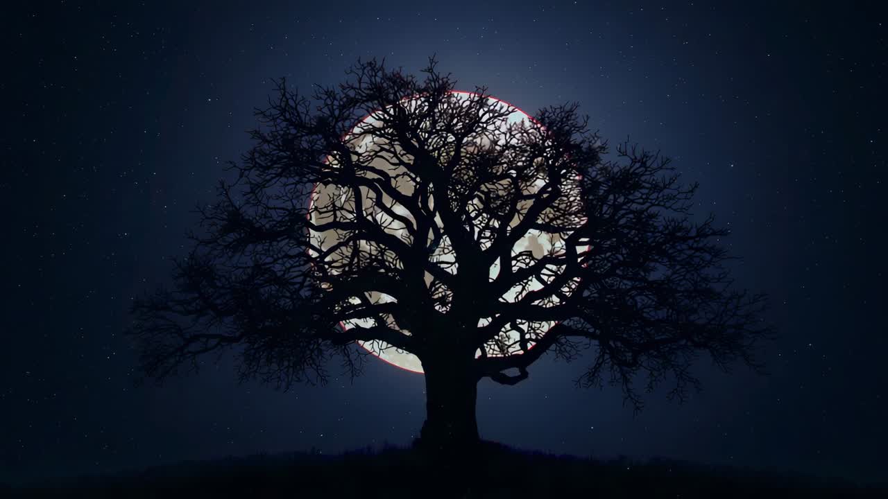Moon rising behind broadleaf tree silhouette on hilltop, camera zooming out over grassy slope
