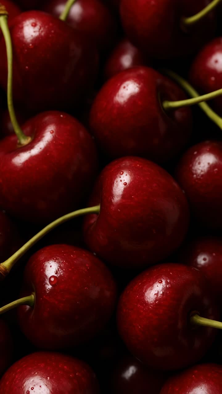 Tampilan close-up dari atas buah ceri segar dan mengkilap. Warna merah cerah dan teksturnya membuatnya ideal