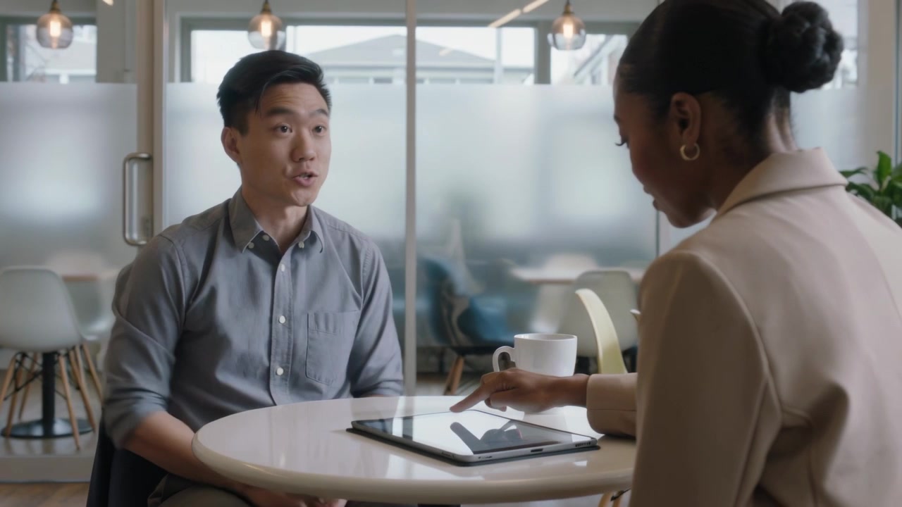 Placing tablet, man in button-up gesturing at cafe while woman in blazer tapping, reviewing content
