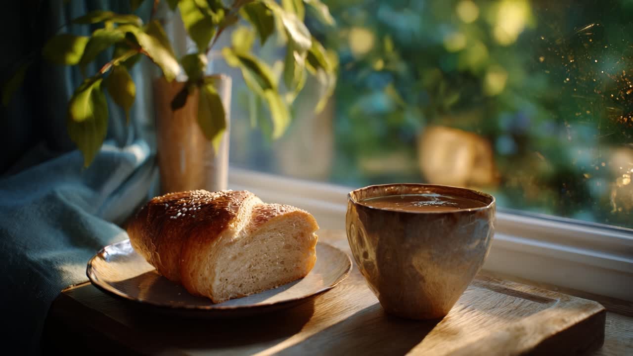 En fredelig morgenstemning med nybakte croissanter og rykende kaffe ved vinduet, med mykt naturlig lys og mildt grønt i bakgrunnen.