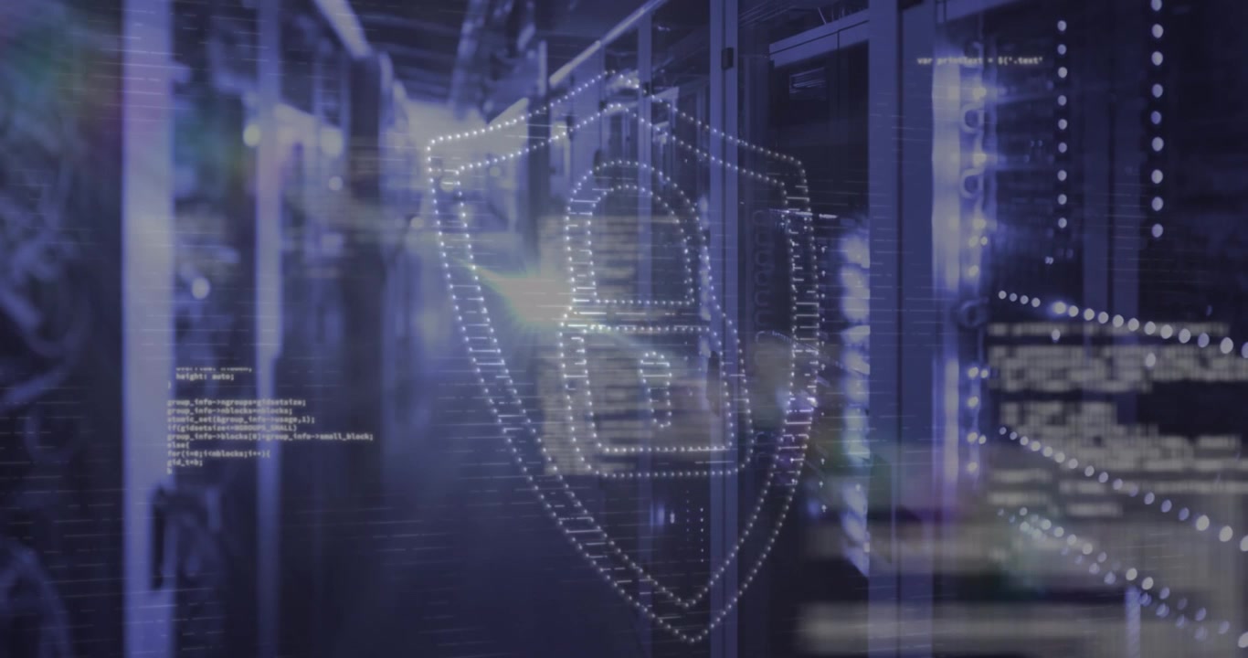 Animation of data processing and padlock icon over server room
