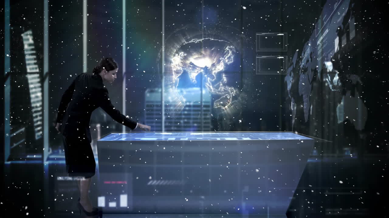 In futuristic office, two people interacting with holographic world map animation