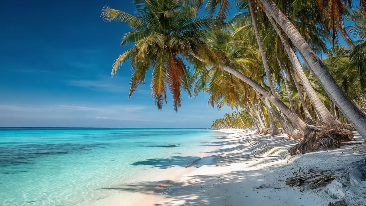 Atemberaubendes tropisches Paradies: Ruhige Strandpromenade mit üppigen Palmen und kristallklarem Wasser unter einem strahlenden Himmel