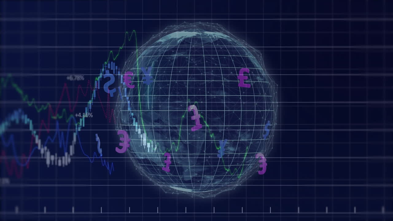 전 세계 통화 기호와 금융 데이터 애니메이션을 회전하는 와이어 프레임 글로브