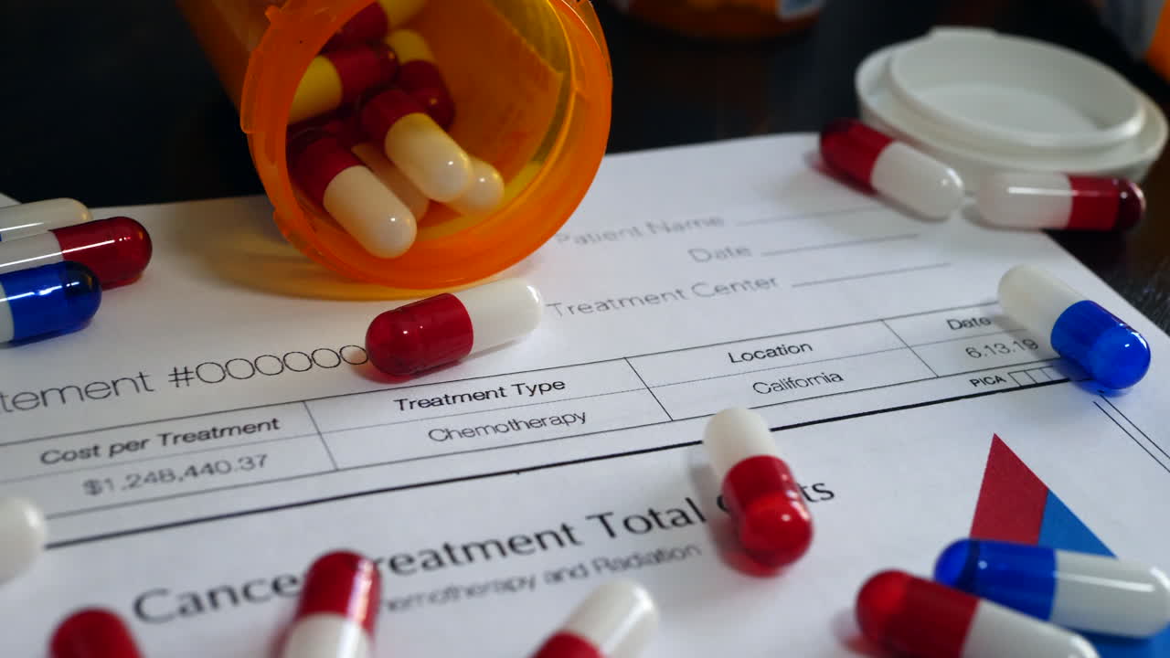 높은 치료 비용을 보여주는 소품 의료 보험 양식에 느린 동작으로 떨어지는 암 약