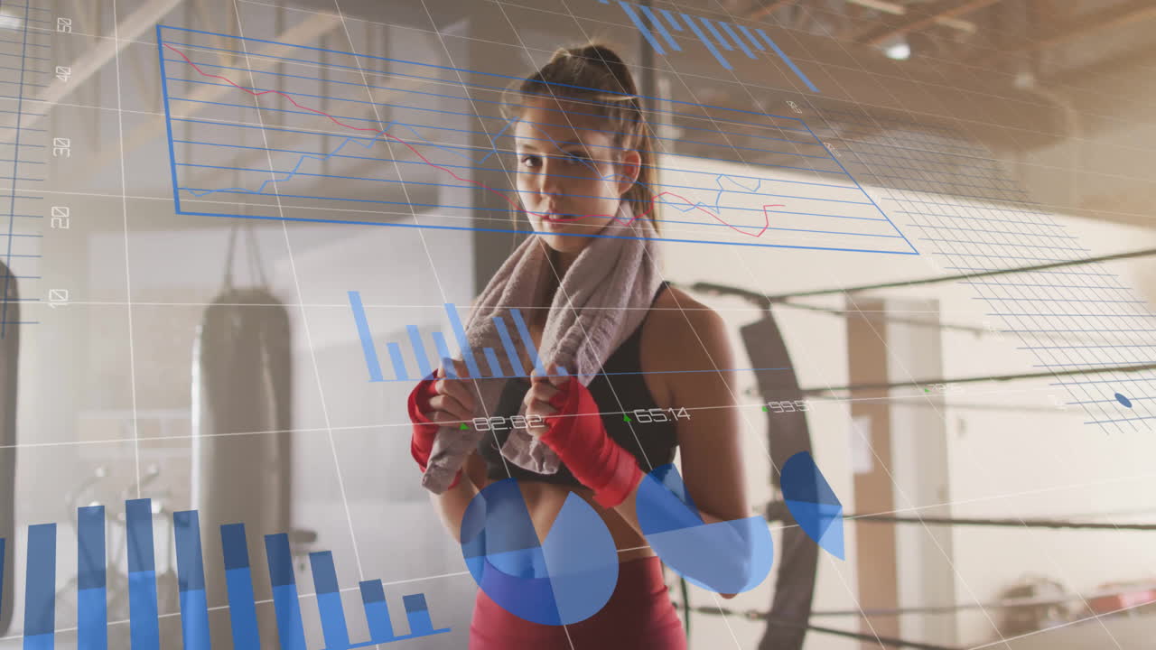 análisis de datos de fitness animación sobre la mujer en el gimnasio de boxeo sosteniendo la toalla