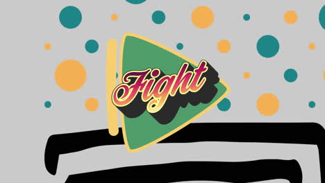 digital animation of fight text on green banner against abstract pattern design on grey background