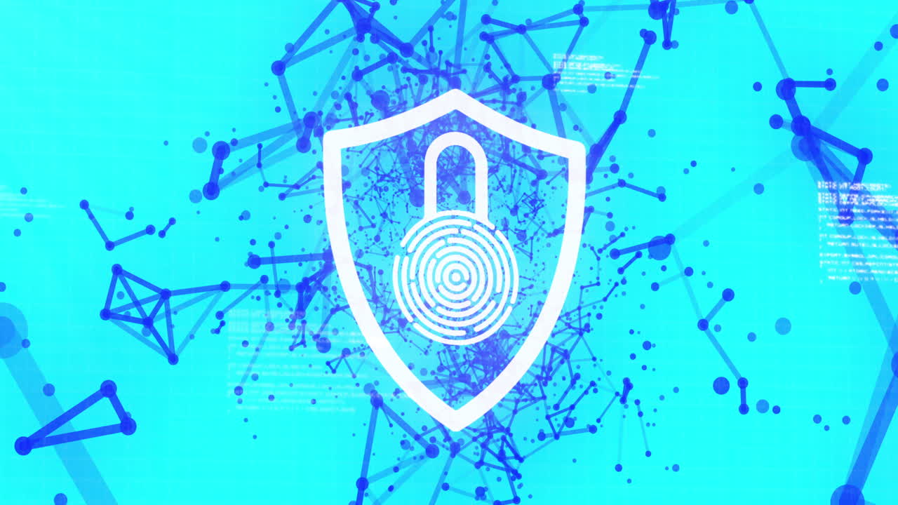 animazione di scudo digitale con lucchetto su sfondo blu con connessioni