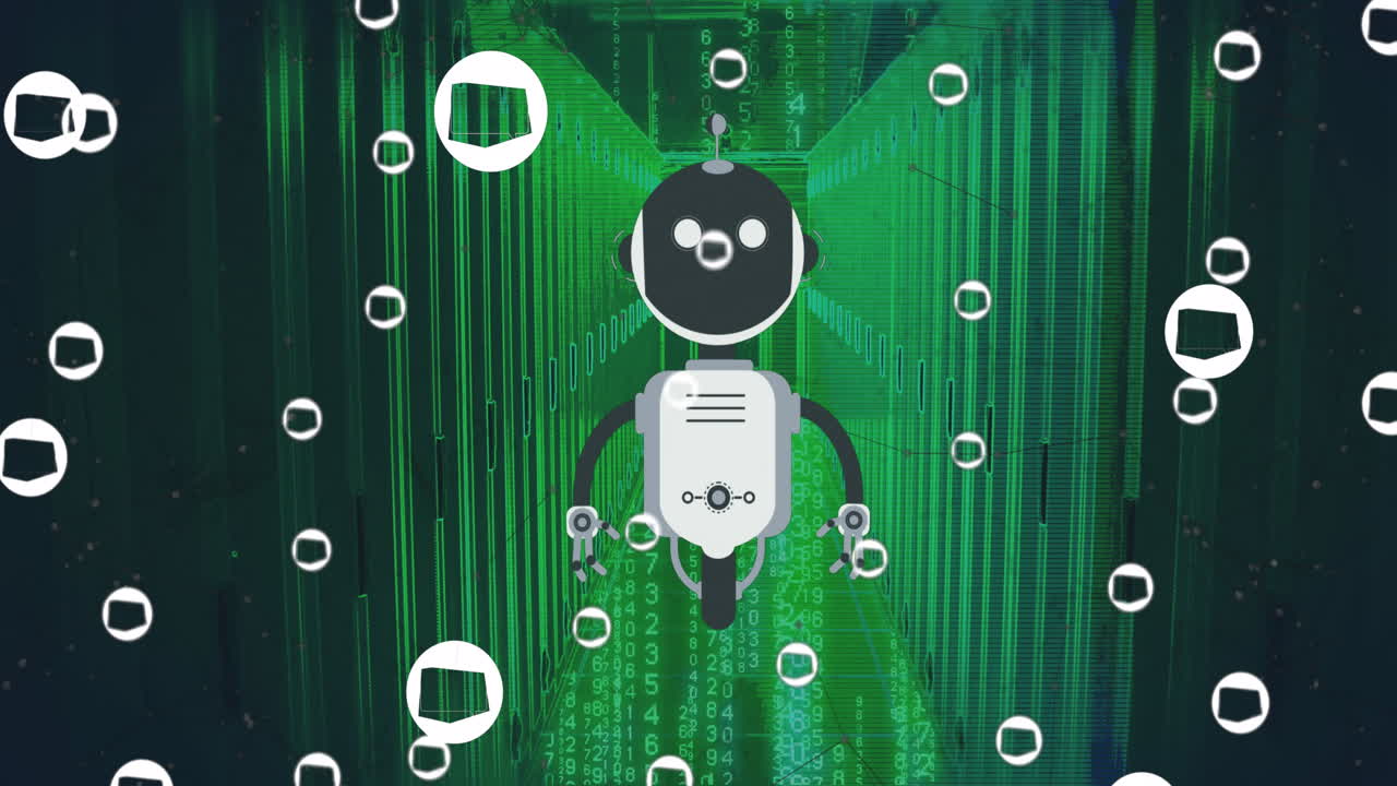 Animation of ai chat bot and icons over computer server background