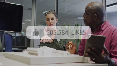 animation of like icon with growing number over diverse business people working at office