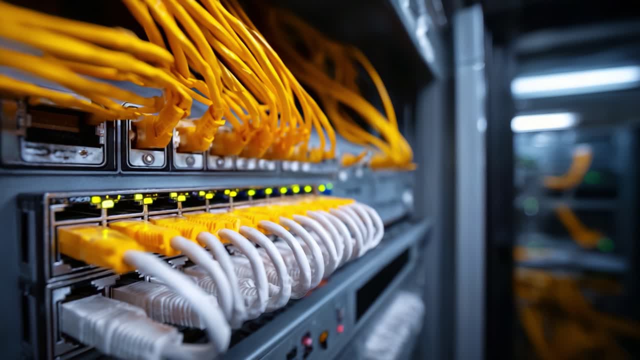 Close-Up View of Network Cables and Switches in a Data Center with Yellow Patch Cords Visible, Highlighting Connections and High-Speed Networking Equipment