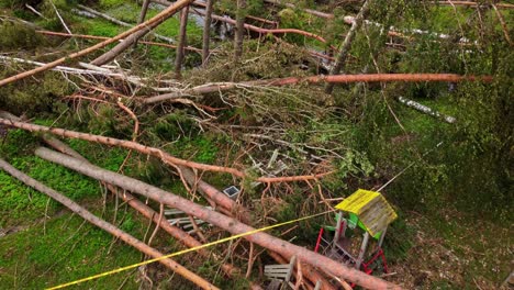 fallen massive trees on kids playground after powerful storm, aerial view