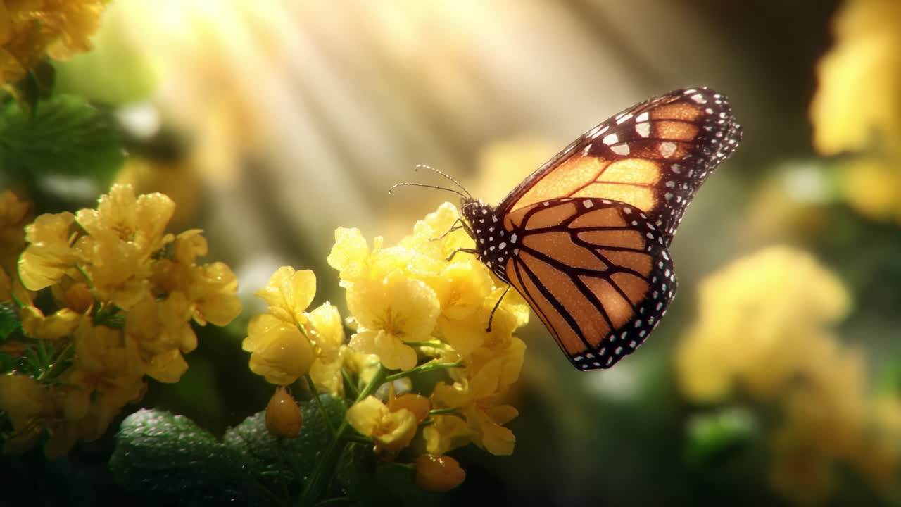 A Beautiful Monarch Butterfly Gracefully Feeding on Vibrant Yellow Flowers, Bathed in Soft Light and Highlighting Nature's Splendor in a Serene Setting