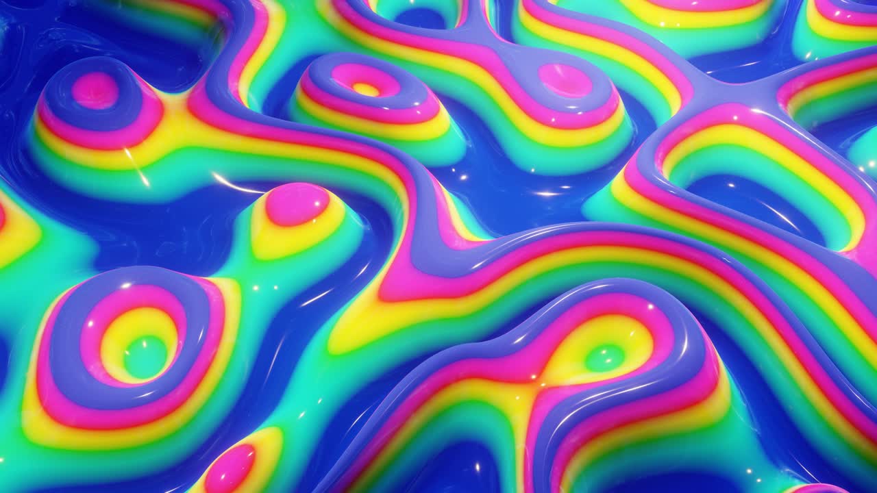 patrón ondulado abstracto en una superficie brillante y brillante, color arco iris de gradiente líquido, ondas en el fluido de pintura en animación suave. brillo en líquido viscoso 3d. retroceso creativo