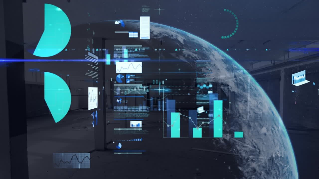 Animation of globe and statistics processing and warehouse